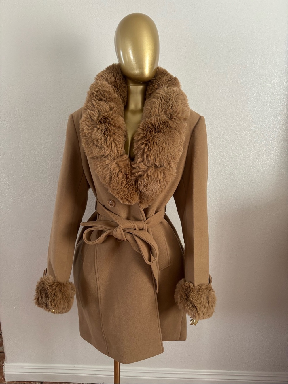 Faux Fur Trim Belted Trench Coat - Camel
